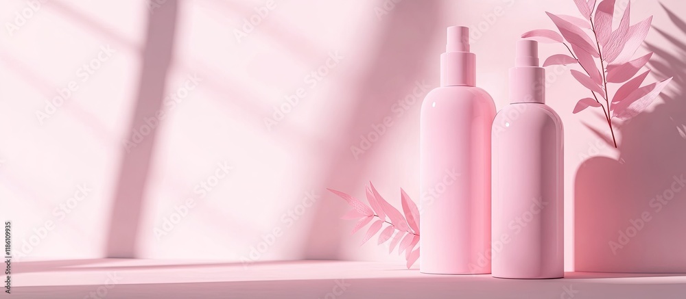 Poster minimalist contemporary arrangement featuring pink cosmetic bottles. with copy space image. place fo