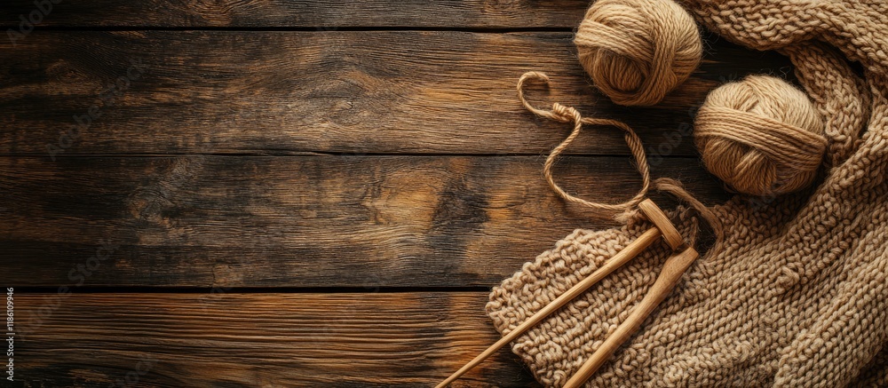 Poster Knitting tools on a wooden surface. with copy space image. Place for adding text or design