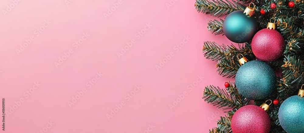 Leinwandbilder Christmas tree ornaments on a pink backdrop with space for your text. with copy space image. Place for adding text or design