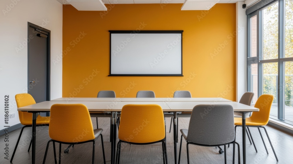 Poster modern meeting room with projection screen and table with colorful chairs