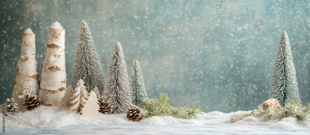 Poster Christmas decoration created from birch bark featuring artificial snow and trees. with copy space image. Place for adding text or design
