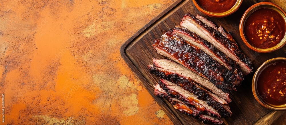 Fototapete smoked barbecue beef brisket with sauce on a wooden board orange backdrop top view. with copy space 