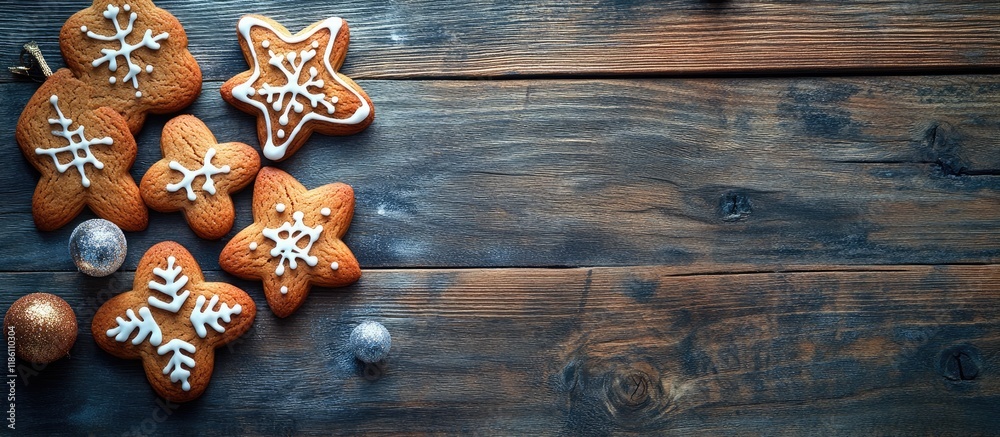 Leinwandbilder christmas greeting card featuring gingerbread cookies on a wooden background top view flat lay with 