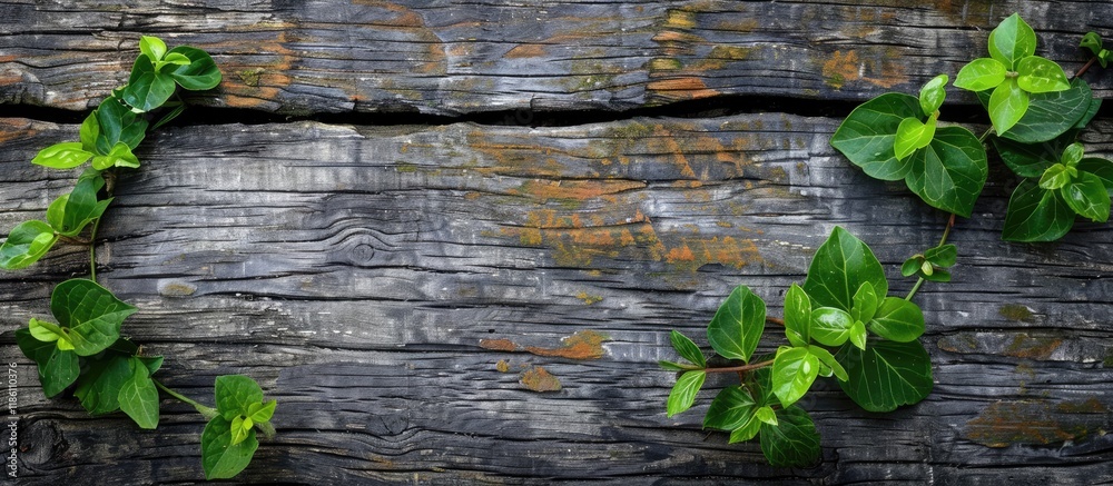 Poster New leaves on aged wood. with copy space image. Place for adding text or design