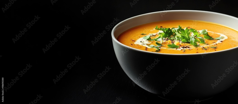 Poster Bowl of delicious pumpkin cream soup on a black background. with copy space image. Place for adding text or design