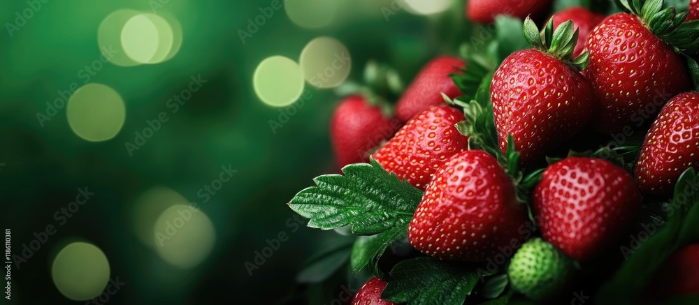 Aufkleber Fresh strawberries on a green backdrop with copy space Close up