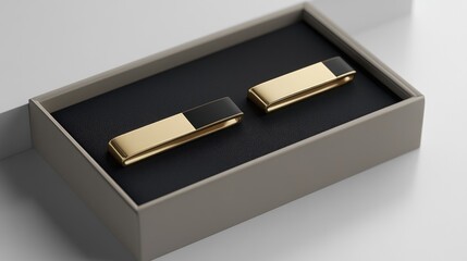 Pair of matching collar clips in a luxurious gift box, isolated on a clean white surface.