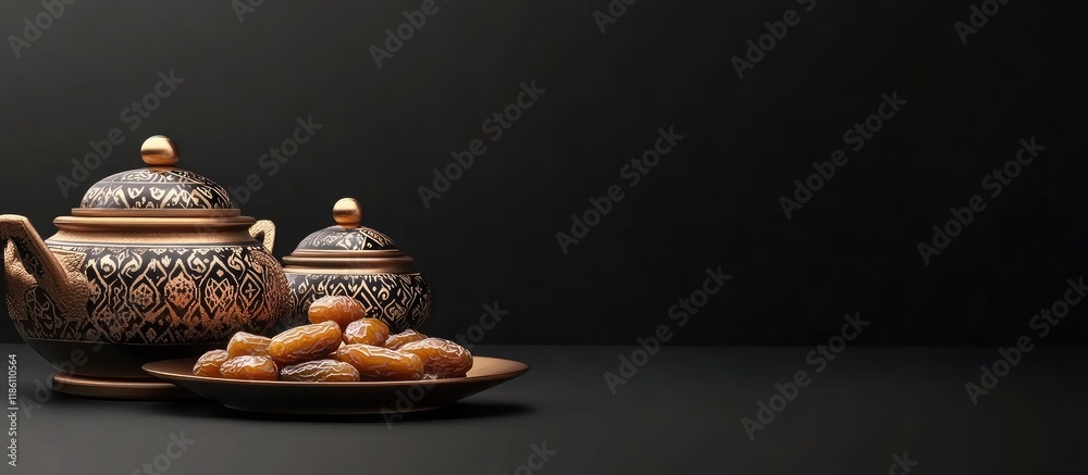 Poster arabic traditional dishes pots and dates such as kurma and tamar holiday decorations ramadan kareem 