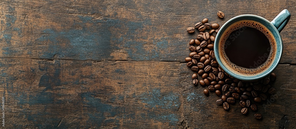 Poster Coffee cup and beans on a rustic vintage table Aerial view with copyspace for your text in the background