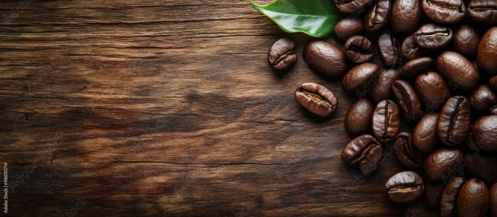 Aufkleber fresh coffee beans on a wooden table the aroma of fresh coffee beans. with copy space image. place f