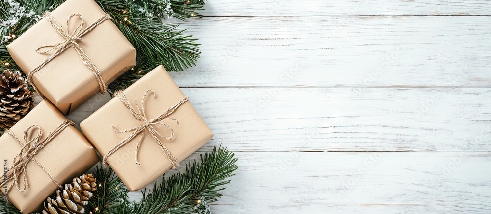 Poster Christmas gift boxes adorned with a pine branch on a white wooden table background. with copy space image. Place for adding text or design