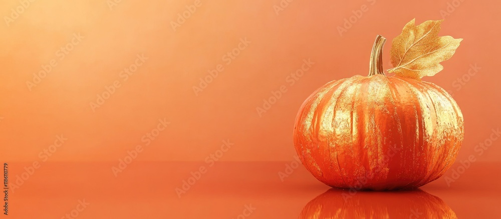 Leinwandbilder A beautifully painted pumpkin adorned with a golden leaf on a colored background featuring space for text. with copy space image. Place for adding text or design