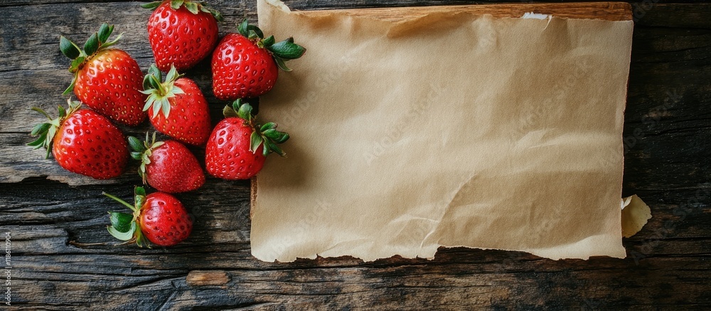 Poster a strawberry branch with berries on an old wooden board and a piece of craft paper an abstract text 
