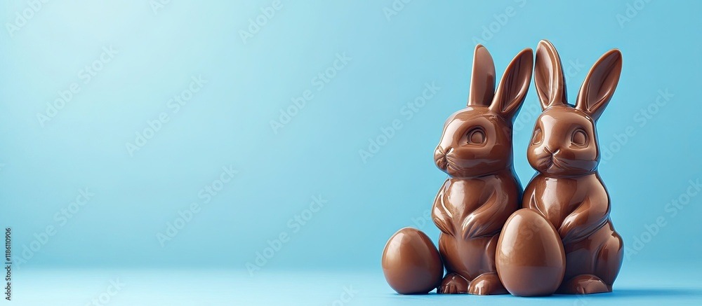 Poster tasty Easter bunnies crafted from Swiss chocolate. with copy space image. Place for adding text or design