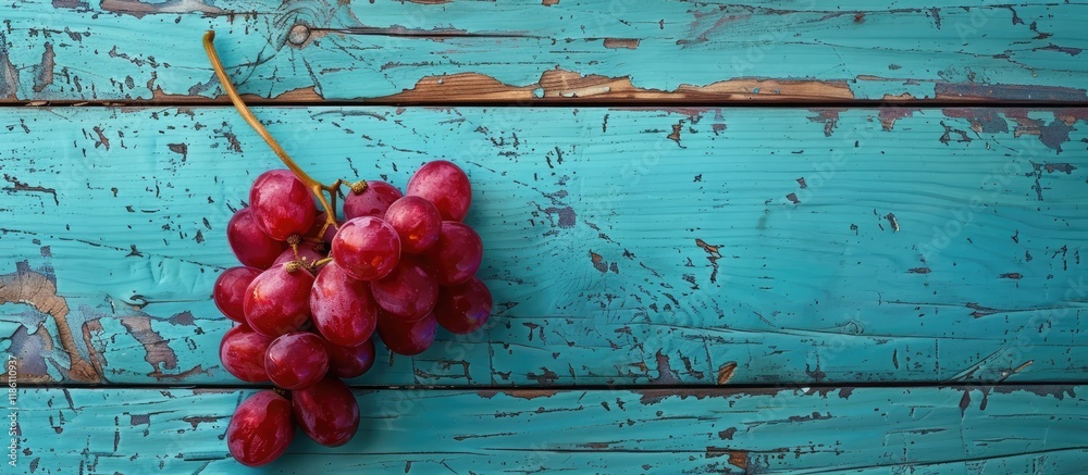 Aufkleber red grape on aged blue wooden table. with copy space image. Place for adding text or design