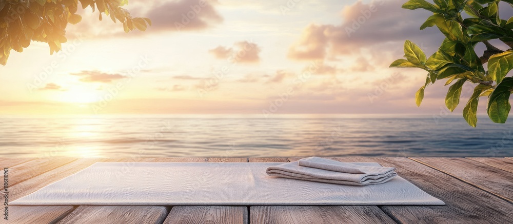 Leinwandbilder napkin and tablecloth on a wooden deck front view mockup summer landscape backdrop. with copy space 
