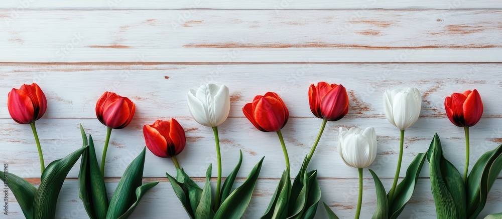 Poster tulips separated against a wooden backdrop. with copy space image. place for adding text or design