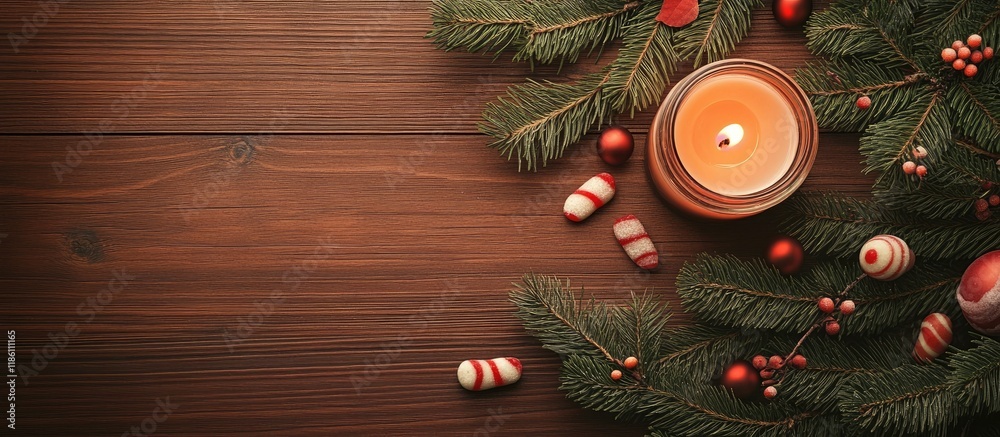 Poster Top view of fir branches decorated for Christmas with a burning candle and candies on a wooden surface Copy space for your text