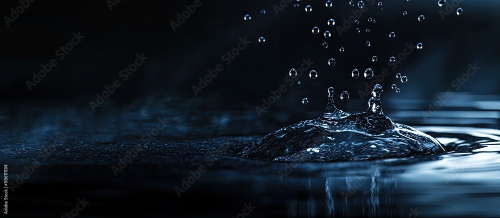 Aufkleber water droplets with splashes on a dark background illuminated from behind. with copy space image. Place for adding text or design