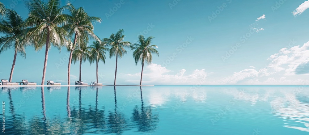 Poster Reflection of the hotel and palm trees in the pool. with copy space image. Place for adding text or design