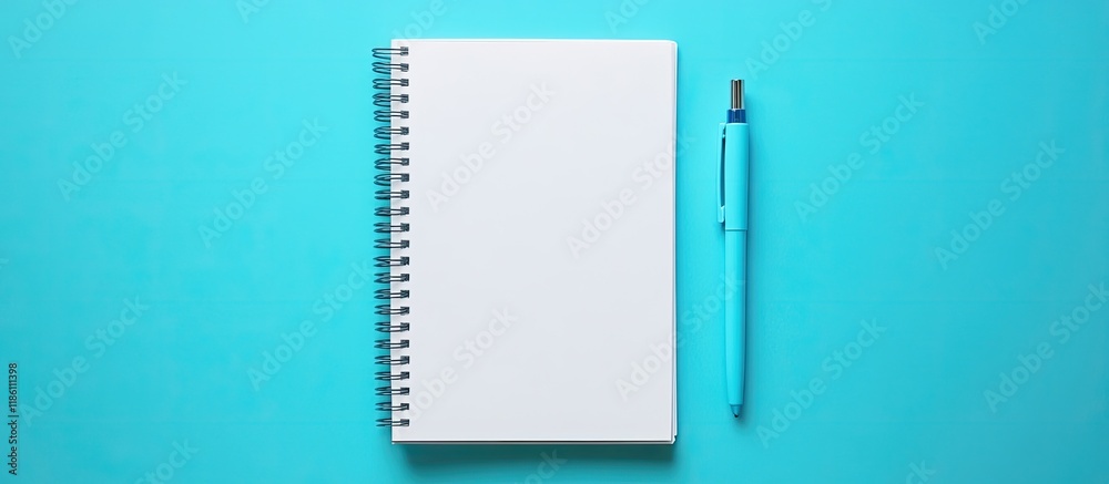 Poster Wide angle image of a blank spiral notepad and a blue pen on a blue background. with copy space image. Place for adding text or design