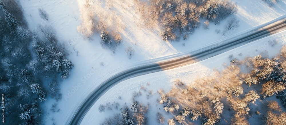 Poster Aerial view of a road in a snowy valley. with copy space image. Place for adding text or design
