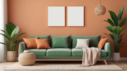 Home interior with Grassy Green rattan sofa, Pastels pillows, lamp and green plants in living room