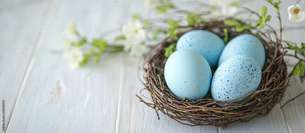 Fototapete Blue Easter eggs placed in a vine nest on a white wooden surface Festive background for a postcard or invitation. with copy space image. Place for adding text or design