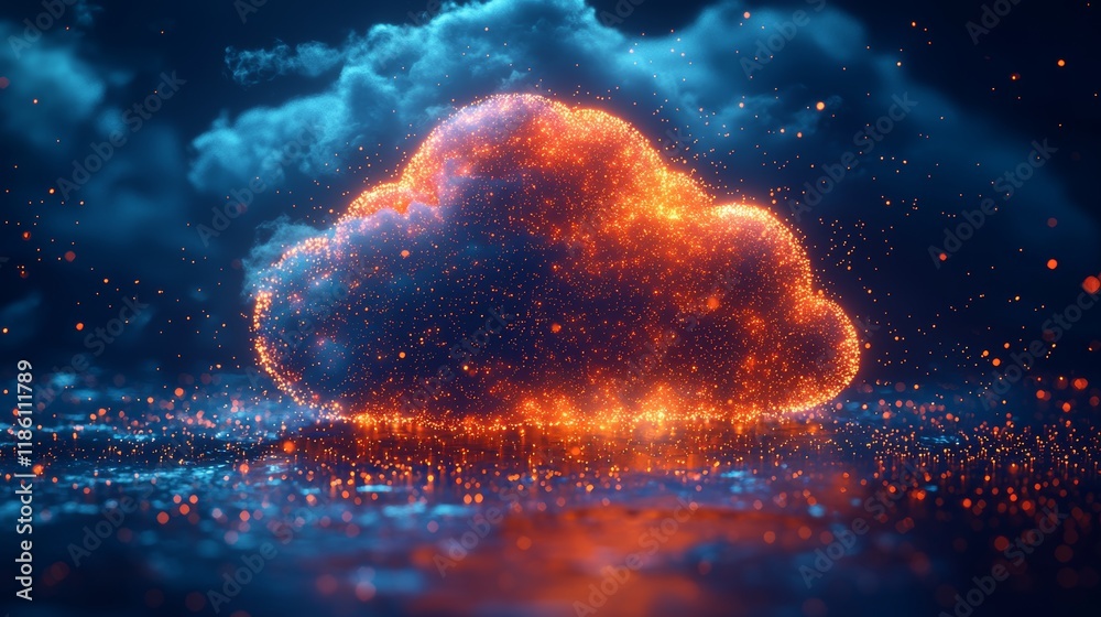 Poster technology and cloud computing are vividly represented by high-tech flickering dots moving through a