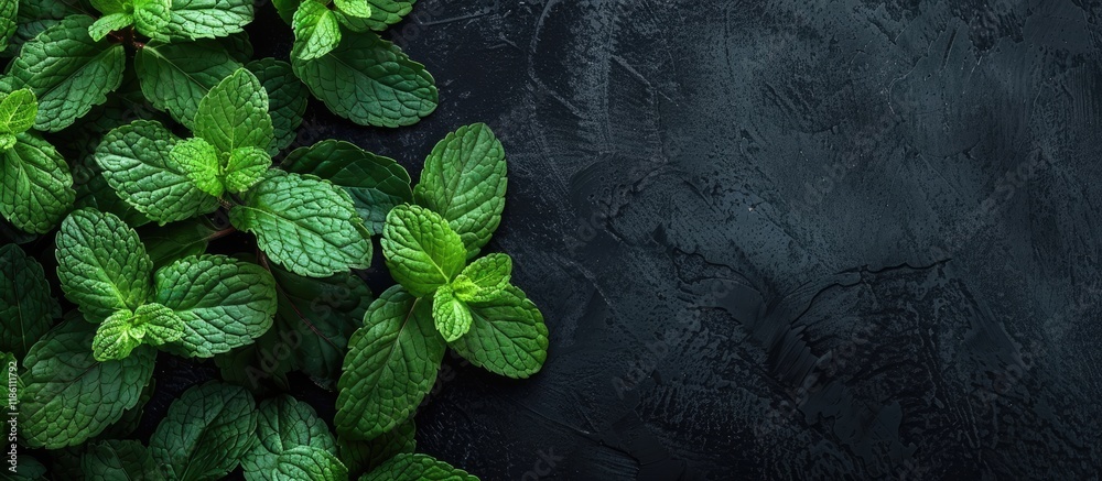 Fototapete marsh mint leaves on a dark background. with copy space image. place for adding text or design