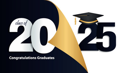 Class of 2025. Congratulations lettering logo design. Congratulations graduation gold 2025 number with black academic graduation cap. Vector illustration