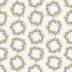 Seamless pattern with wreaths of branches with berries and leaves. Botanical background. Vector print, design element