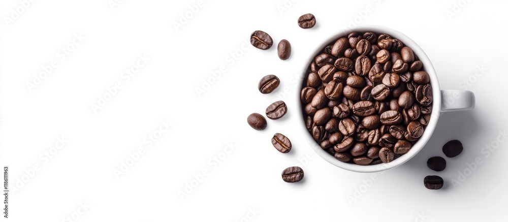 Aufkleber roasted coffee beans in a cup against a white background top view. with copy space image. place for 