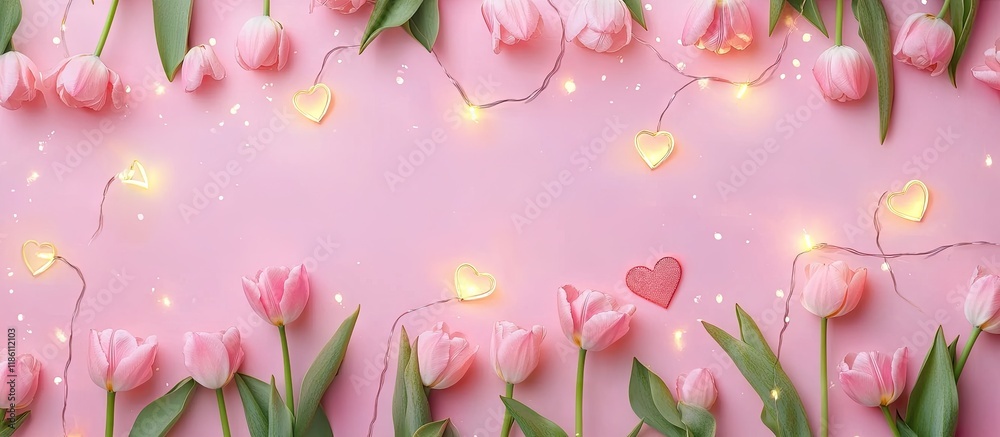 Poster top view flat lay of pink tulips and heart shaped glowing garland lights on a soft pink background w