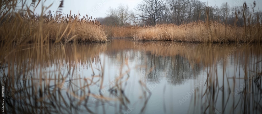 Poster Reflection of reeds in the still water of a canal. with copy space image. Place for adding text or design