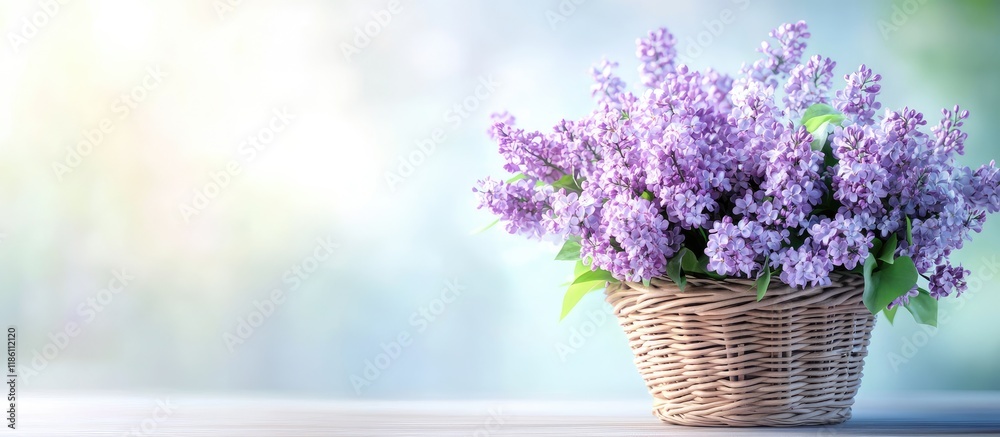 Aufkleber Lilac flowers in a basket. with copy space image. Place for adding text or design