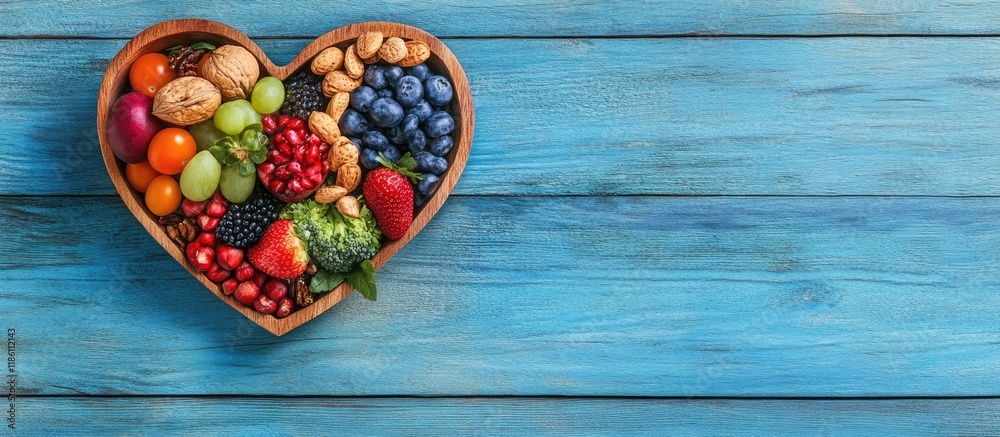 Aufkleber foods that support heart health vegetables fruits and nuts arranged in a heart shaped bowl on a blue