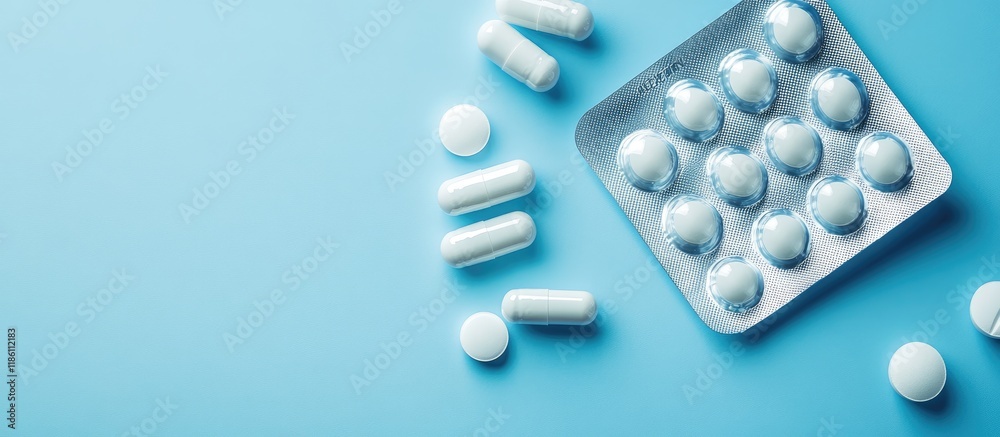 Leinwandbilder used empty blister package and various pills on a blue background. with copy space image. place for 