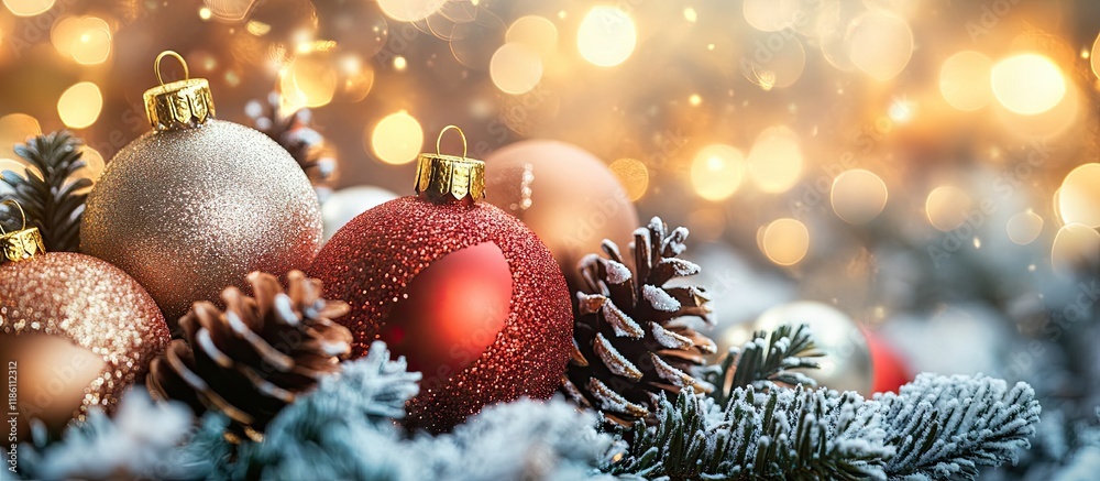 Poster Christmas decorations festive ornaments joyful holidays. with copy space image. Place for adding text or design