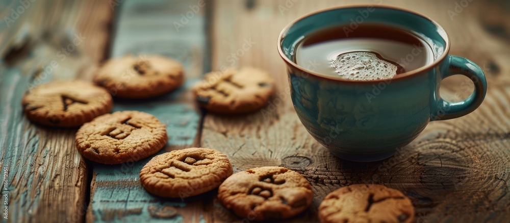 Leinwandbilder a cup of hot tea sits next to the words take a break spelled out with cookies on the wooden table. w