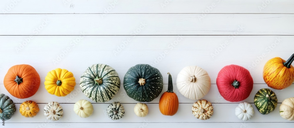 Aufkleber flat lay autumn backdrop featuring felt fuzzy pumpkins and gourds set against a white wooden surface