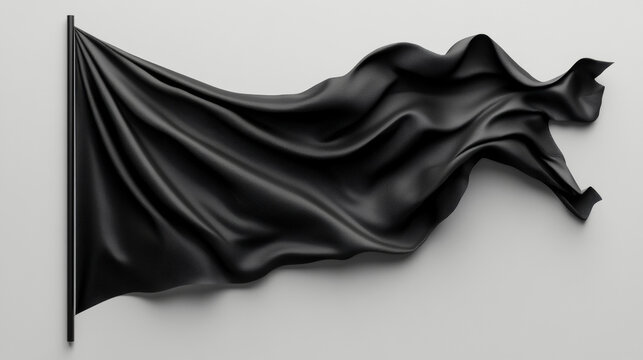 3d black fabric flag shape banner realistic mockup. Textile university pennant template isolated pole design. Glossy wavy satin canvas of flagstaff set. Blank long flex cloth tag wave on wind