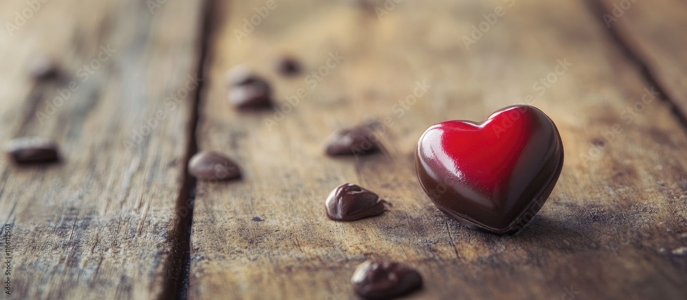 Poster chocolate with a red heart on a wooden surface. with copy space image. place for adding text or desi