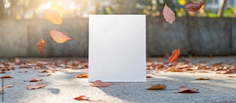 Poster A4 white paper set on the cement floor with leaves falling on it. with copy space image. Place for adding text or design
