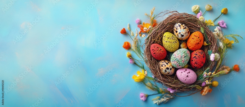 Aufkleber easter card featuring a nest of quail eggs and decorative knitted flowers in various colors on a pas