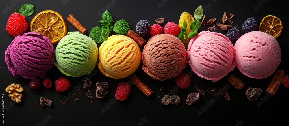 Aufkleber Multi colored ice cream a unique variety set against a black background featuring berries walnuts chocolate dried citrus with cinnamon and green twigs. with copy space image