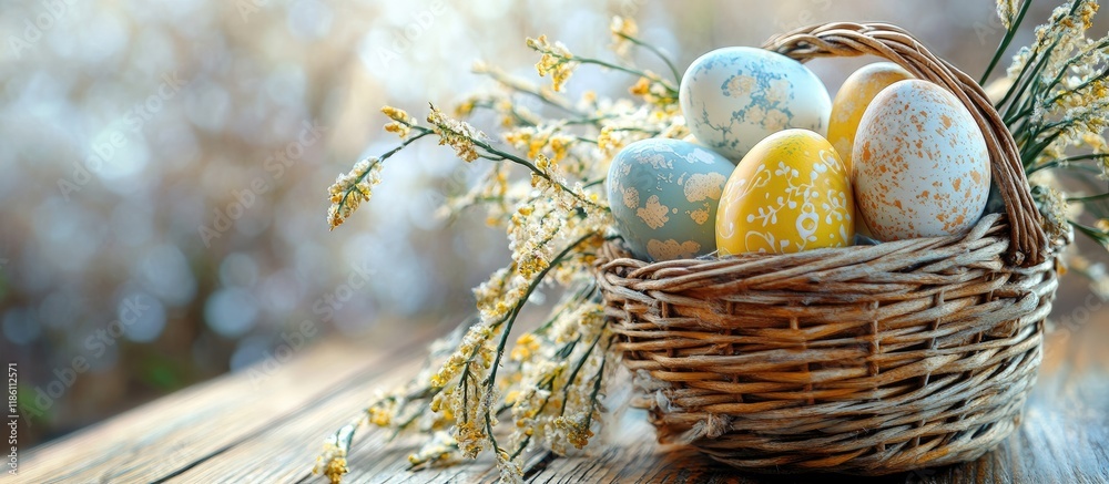 Aufkleber easter eggs in a basket alongside willow branches on a wooden surface. with copy space image. place 