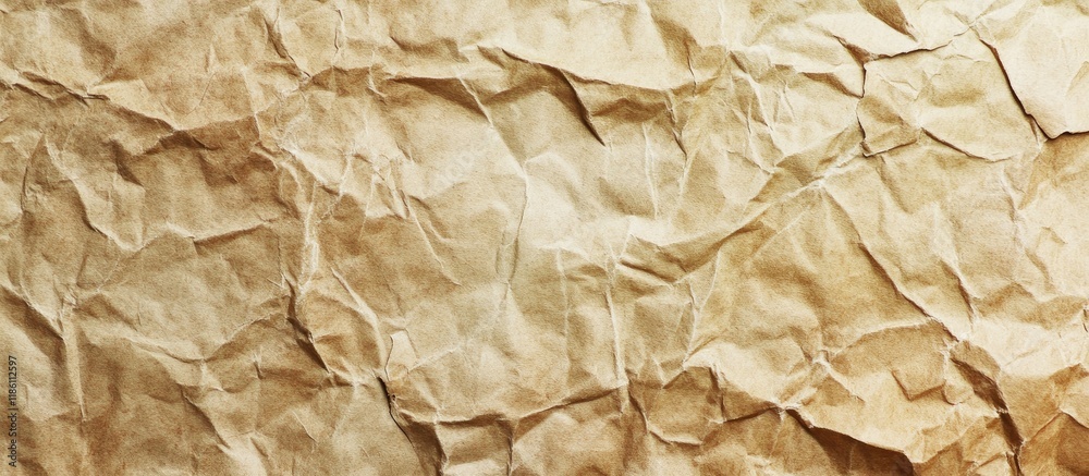 Poster Brown recycled paper with a crumpled texture background Cream colored vintage page or grunge vignette parchment resembling an old blank newspaper Pattern of empty rough cardboard with a creased grun