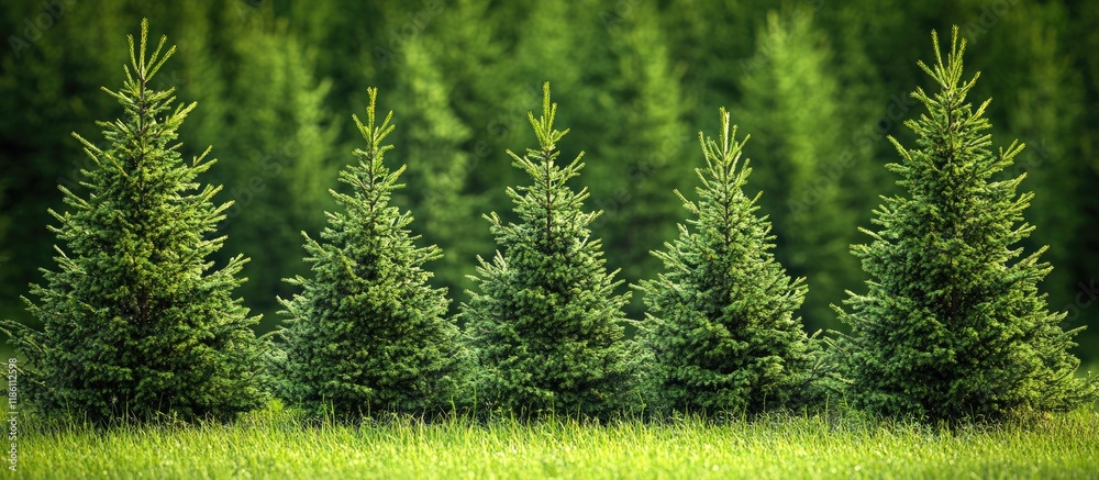 Poster green spruce trees in the forest background textures. with copy space image. place for adding text o