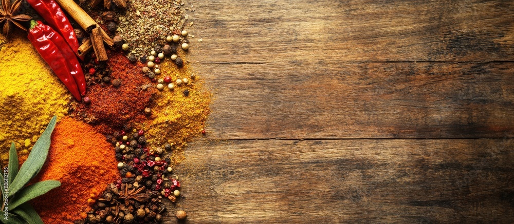 Poster a range of vibrant spices on a wooden table. with copy space image. place for adding text or design